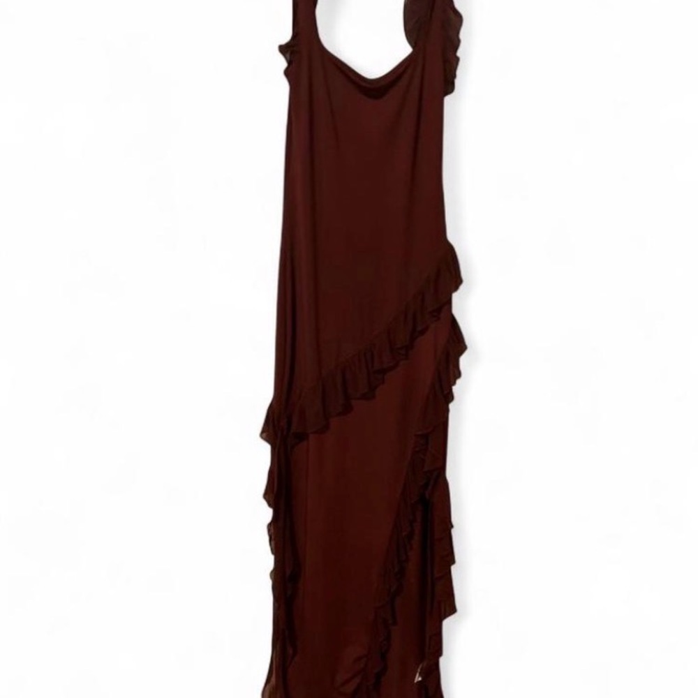 Sleeveless Ruffle-Trim Maxi Dress in Dark Brown
